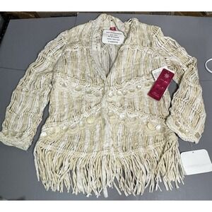 Sandy Starkman Cream Beachy Hippie Button Jacket Shells and Fringe Size Medium